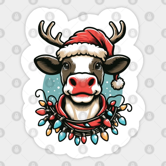 Cow With Santa Hat & Reindeer Antlers Funny Christmas Design Sticker by Graphic Duster